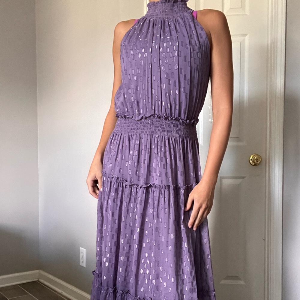 Taylor purple tiered maxi dress with high neck & all over shimmer spotted design